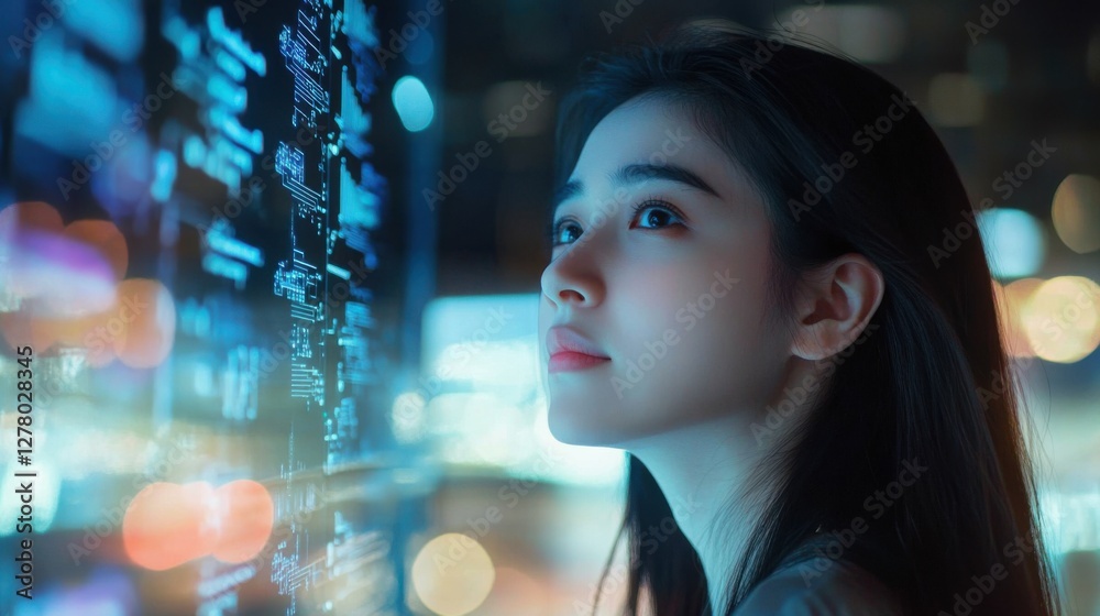Fototapeta premium young woman studying digital data on screen