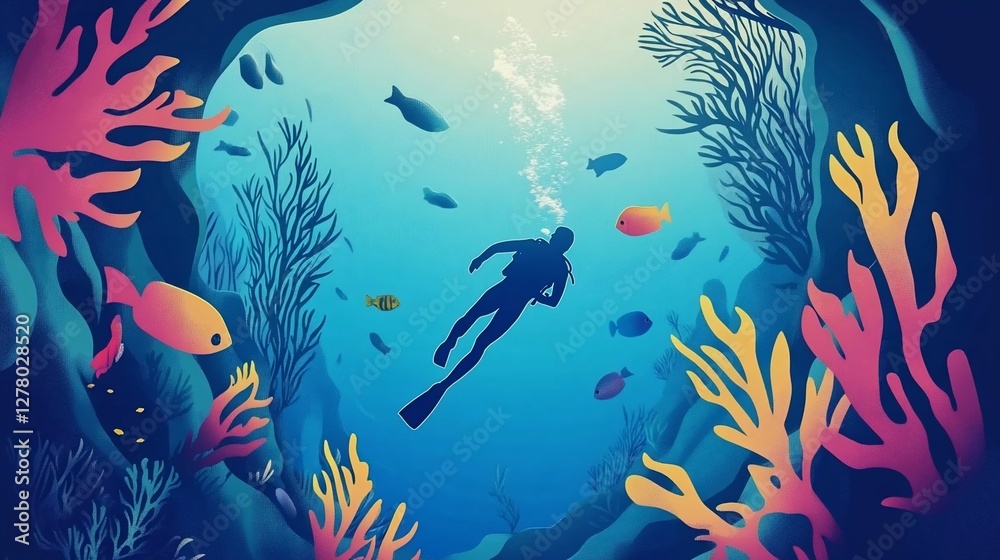 Fototapeta premium Underwater Adventure: Scuba Diver Exploring the Depths with Vibrant Coral Reef and Fish