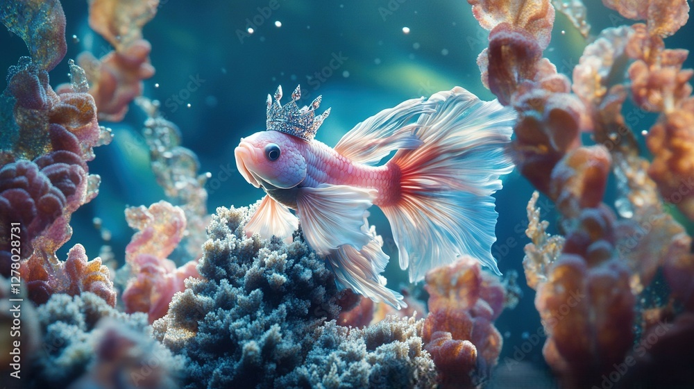 Obraz premium A betta fish in a regal throne made of coral, wearing a tiny crown, ruling over a kingdom of aquatic plants. Surreal and majestic concept for fantasy themes.