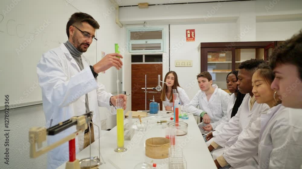 Chemistry teacher explaining experiment to students in laboratory Chemistry teacher explaining experiment to students in laboratory