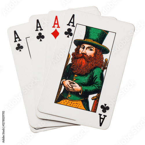 Four playing cards featuring a character in a green outfit with a beard, prominently displaying an Ace of Diamonds and three Aces of Spades. isolated on white background.