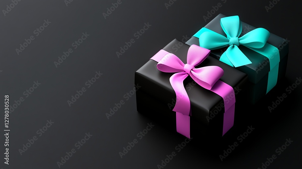 3D-rendered gift boxes with glowing ribbon and bow on a dark background. Perfect for birthdays and celebrations, featuring black, purple, and blue tones. 3D-rendered gift boxes with glowing ribbon and bow on a dark background. Perfect for birthdays and celebrations, featuring black, purple, and blue tones.