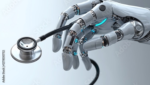 Obraz na płótnie Medical technology concept Medical technology concept with 3d rendering robot hand or cyborg hand hold stethoscope robot pictures, w salonie