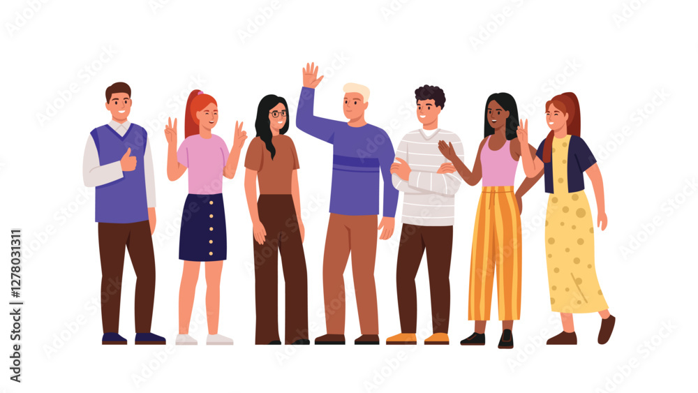 Vector illustration of a smiling group of boys and girls.Cartoon scene boys and girls with different skin color show different hand gestures: waving, victory sign, super isolated on white background. Vector illustration of a smiling group of boys and girls.Cartoon scene boys and girls with different skin color show different hand gestures: waving, victory sign, super isolated on white background.