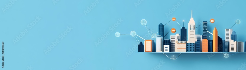 Fototapeta premium A city skyline morphing into a digital network of interconnected businesses, symbolizing global expansion and technological growth