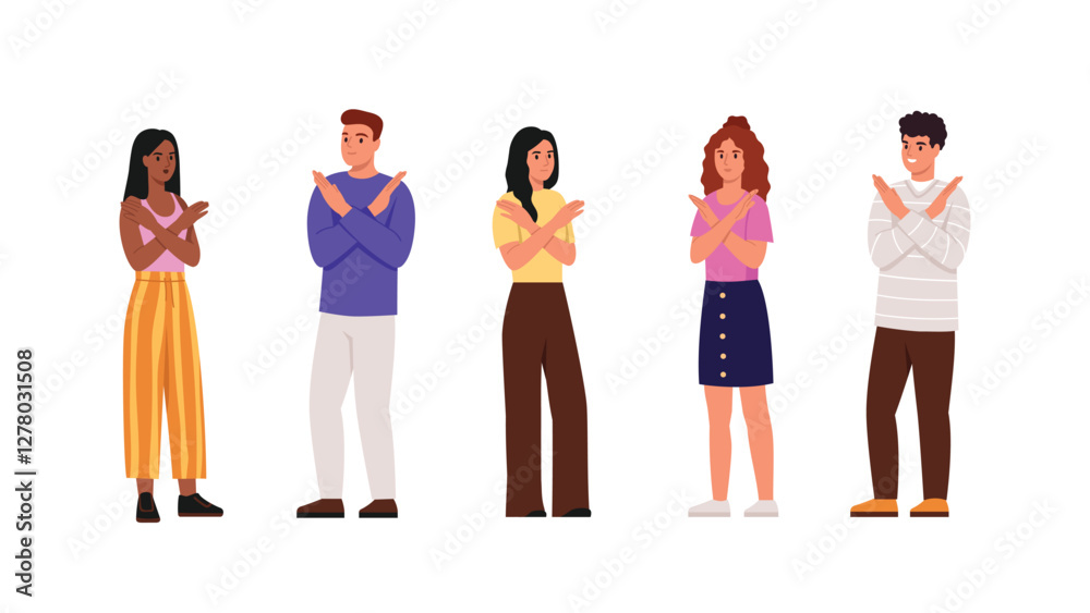 Fototapeta premium Vector illustration of a group of people with a negative gesture. Cartoon scene of dark-skinned and light-skinned boys and girls showing negative, negative hand gestures isolated on white background.