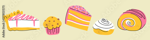 Piece of cheesecake, muffin with chocolate pieces, piece of cake, bun with white icing, sponge cake roll on light background; set of sweets, confectionery; simple hand drawn illustration, flat style