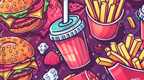 Colorful fast food illustration, burgers, fries, soda, cosmic background