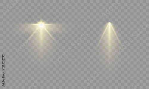Golden spotlight beams with soft glow, realistic stage lighting effect, transparent background, elegant light rays, warm illumination, theatrical ambiance, digital light overlay, dramatic effect