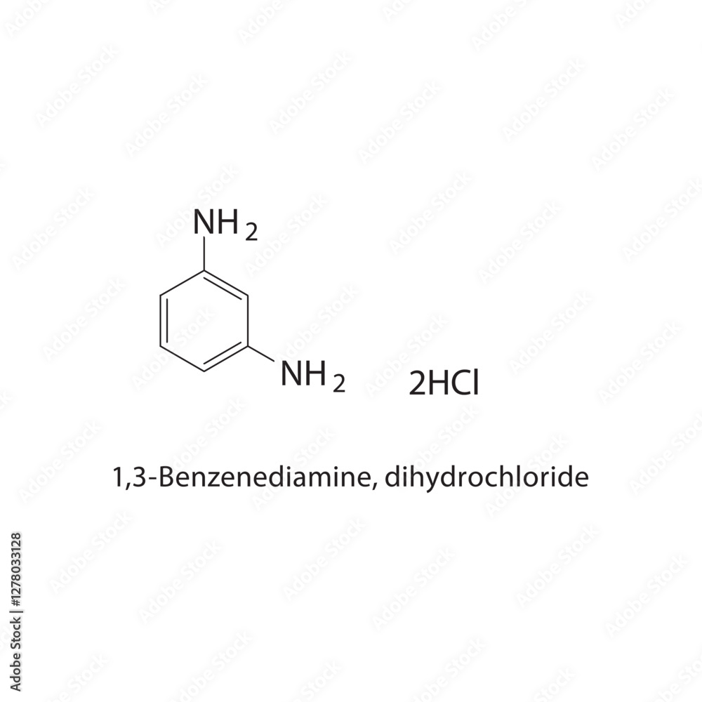 Fototapeta premium 1,3-Benzenediamine, dihydrochloride skeletal structure.Diamine compound schematic illustration. Simple diagram, chemical formula.