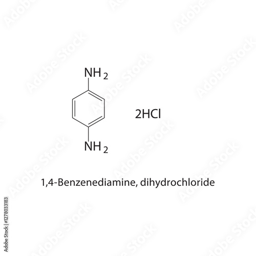 1,4-Benzenediamine, dihydrochloride skeletal structure.Diamine compound schematic illustration. Simple diagram, chemical formula.