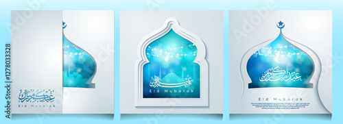 Eid Mubarak set of background arabic calligraphy glow blue mosque dome with papercut style illustration