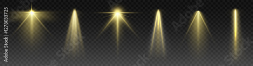 Golden spotlight beams with soft glow, realistic stage lighting effect, transparent background, elegant light rays, warm illumination, theatrical ambiance, digital light overlay, dramatic effect