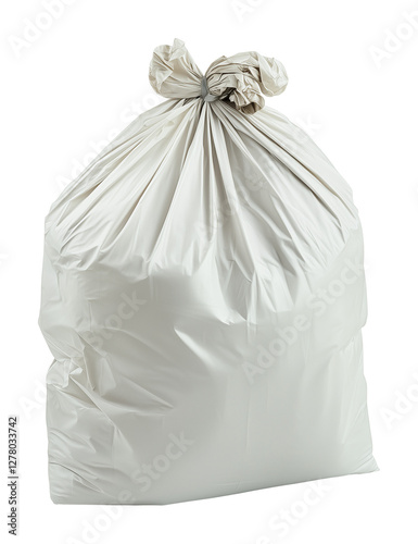 Grand sac-poubelle blanc plein et attaché en haut, isolé sur fond transparent