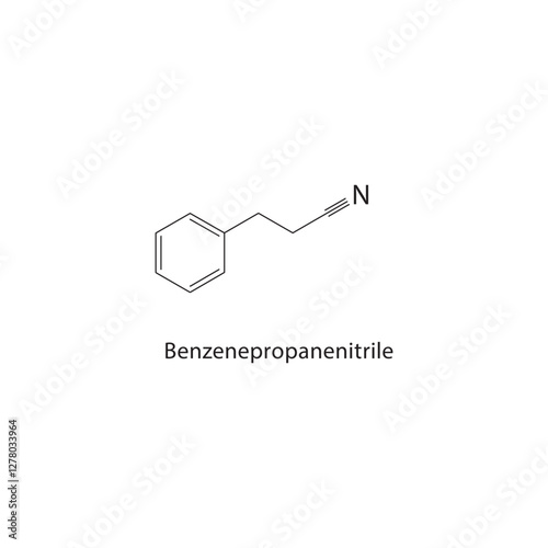 Benzenepropanenitrile skeletal structure.Nitrile compound schematic illustration. Simple diagram, chemical formula.