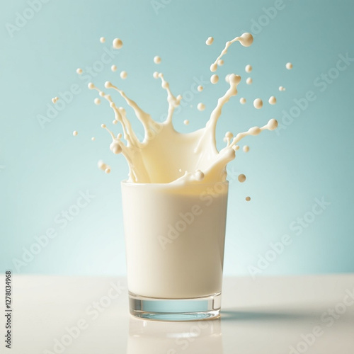 Glass of fresh milk with a dynamic splash, standing on a table against a soft blue background. Smooth texture and creamy droplets in motion. Perfect for dairy, food, and beverage concepts.