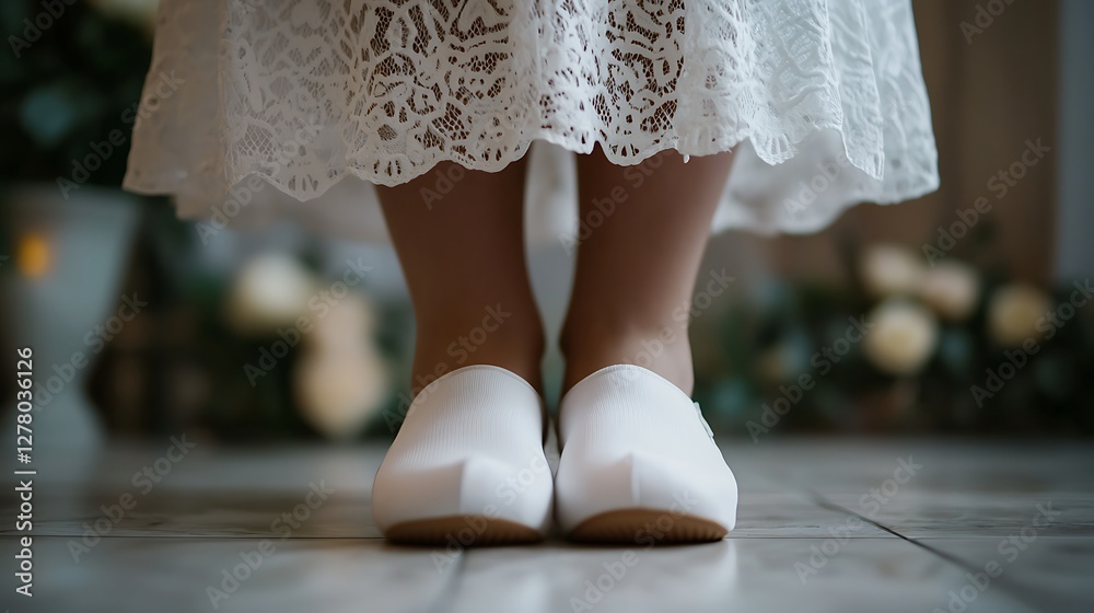 A close-up of a person's feet in white shoes, positioned beneath a delicate lace dress, creating an elegant and serene atmosphere.