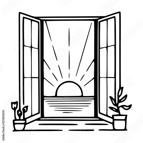 open window with sunrise view vector illustration