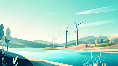 Environmental theme illustrations of windmill on a clear blue sky background