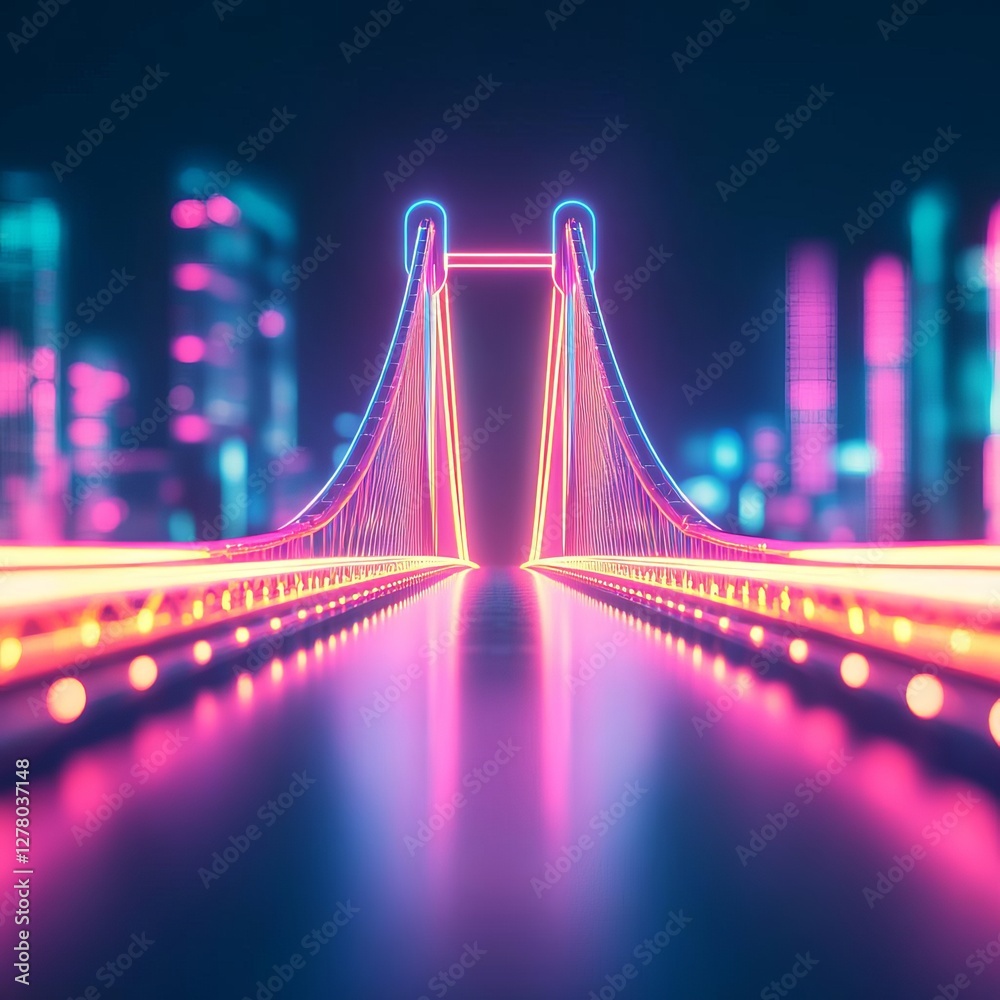 Obraz premium A neon bridge connecting two futuristic cities, representing cross-border business collaboration