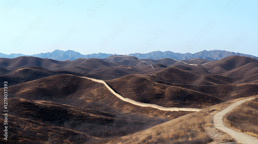 Naklejka premium Winding dirt road through mountainous terrain, serene landscape under clear blue sky, perfect for nature exploration or travel themes.
