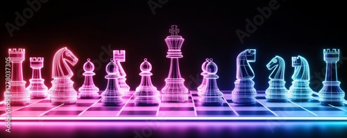 A neon chessboard with corporate strategy pieces moving toward global dominance