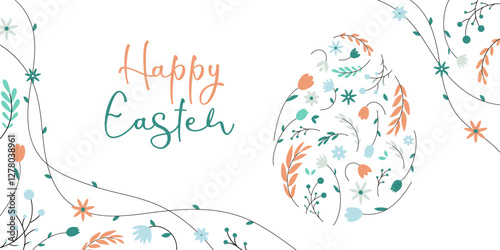 Happy Easter. Decorative egg with intricate flowers and leaves. Celebration poster, banner, greeting card. Vector illustration