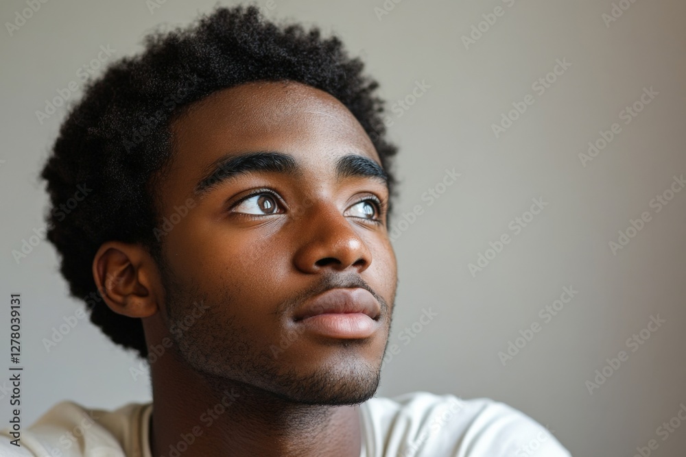 Obraz premium Young man reflecting thoughtfully while looking out a window in a softly lit room during daytime