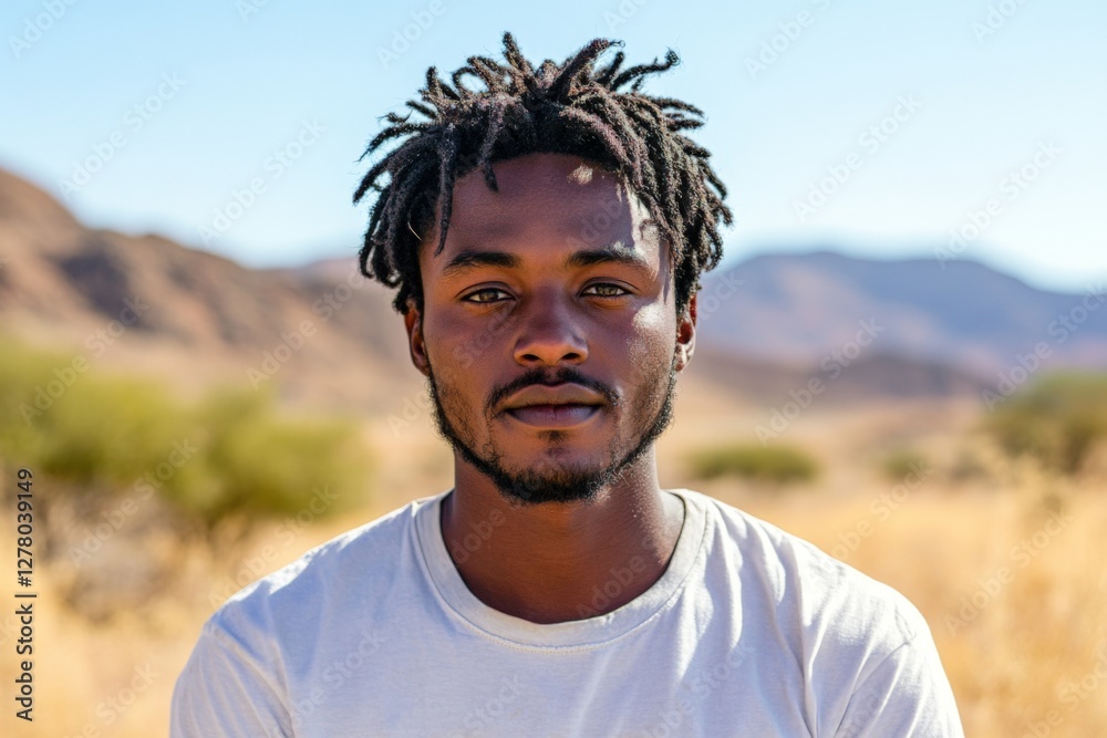 Young man with dreadlocks poses in a desert landscape under bright sunlight in Namibia Young man with dreadlocks poses in a desert landscape under bright sunlight in Namibia