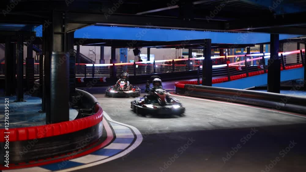 Child, driving go cart car in an indoor race track, enjoying sport racing