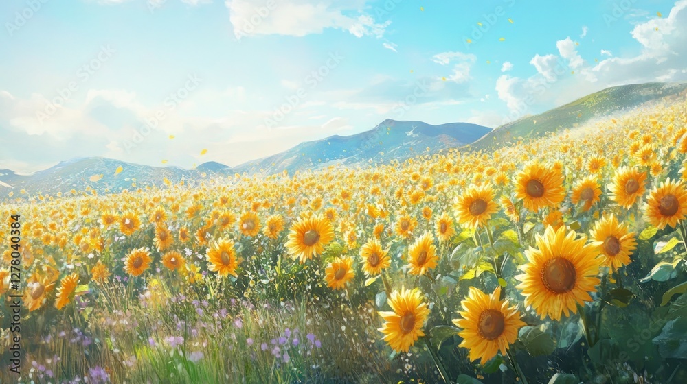 Fototapeta premium Sunflowers Field in Mountain Landscape: A Serene Summer Day