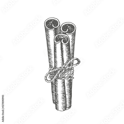 Cinnamon sticks tied with string. Vector graphics illustration. Isolated on the white background shape. Ingredient for mulled wine and bakes, for Christmas wrapping paper, cookbook and recipes, menu