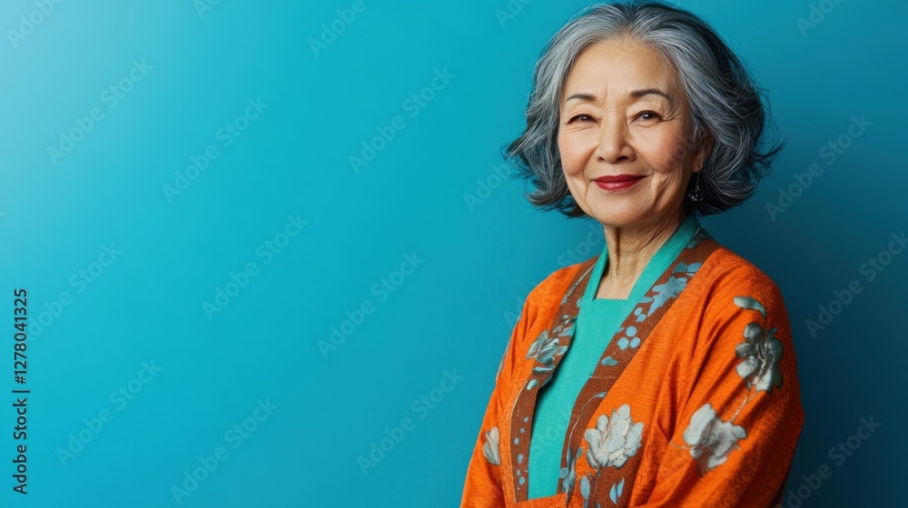 portrait of a smiling senior woman in orange kimono portrait of a smiling senior woman in orange kimono