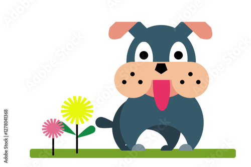 Cute cartoon dog with flowers on a green farm