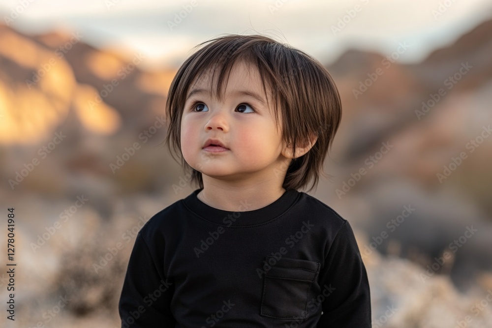 Young child gazes thoughtfully at the mountains during a serene sunset in a natural desert landscape Young child gazes thoughtfully at the mountains during a serene sunset in a natural desert landscape