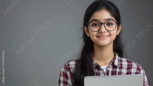 happy teen girl student with laptop photo