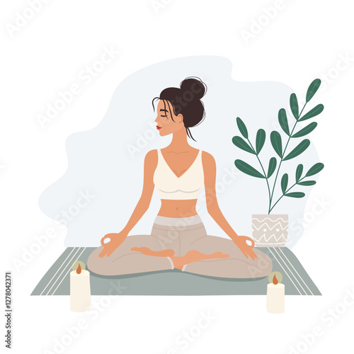Young woman sitting in a lotus pose on a yoga mat, practicing meditation. Concept illustration for yoga, mindfulness, relaxation, and a healthy lifestyle. Flat vector illustration with candles and a