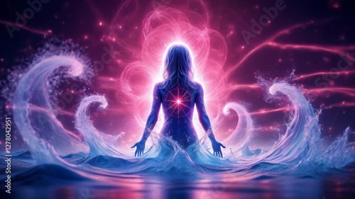 Energetic being surrounded by swirling cosmic light in a vibrant, mystical atmosphere