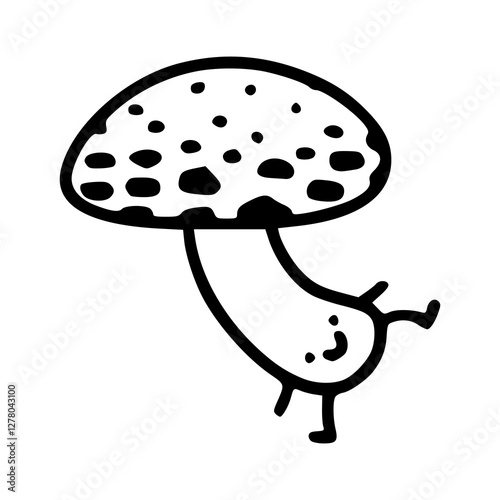 a black and white drawing of a cartoon mushroom with smiling face
