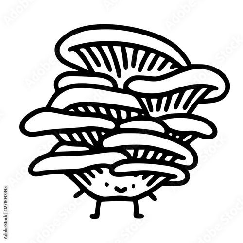 a black and white drawing of a cartoon mushroom with smiling face