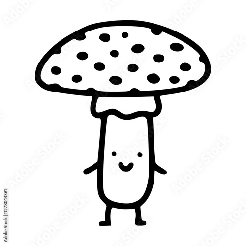 a black and white drawing of a cartoon mushroom with smiling face