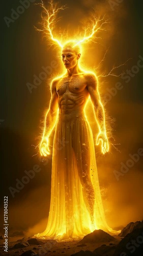 Wallpaper Mural Powerful figure surrounded by golden energy radiates strength and vitality in mystical environment Torontodigital.ca