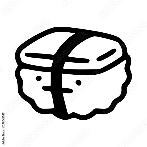 a black and white drawing of a japanese seafood cartoon character with smiling face