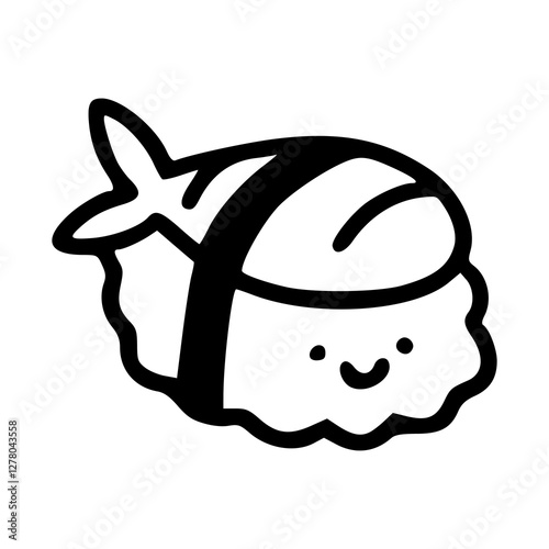 a black and white drawing of a japanese seafood cartoon character with smiling face