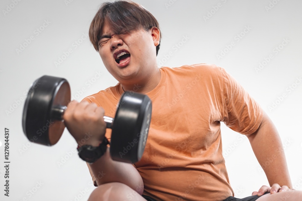 Exhausted fat man struggles with overweight exercise routine in gym environment Exhausted fat man struggles with overweight exercise routine in gym environment