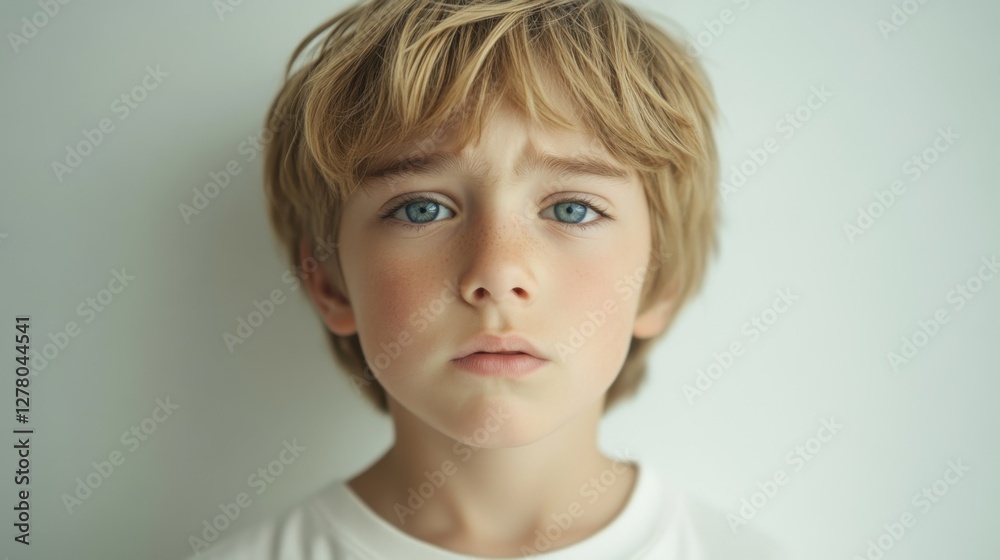 portrait of a sad young boy with blond hair and blue eyes portrait of a sad young boy with blond hair and blue eyes