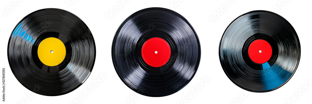 Obraz premium Three vinyl records with varying center colors showcase a classic music theme and nostalgic appeal.