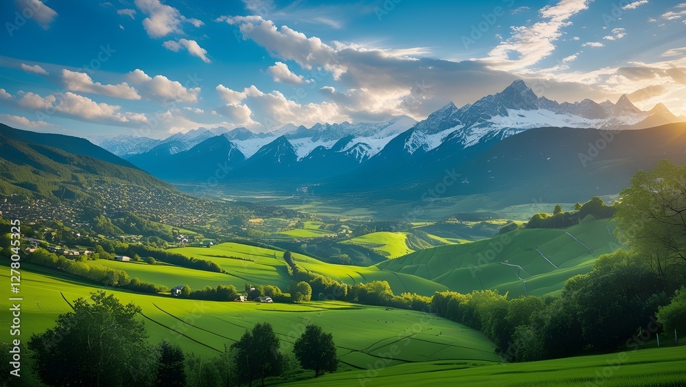 Fototapeta premium Serene Mountain Valley at Sunset: Verdant Fields and Snow-Capped Peaks