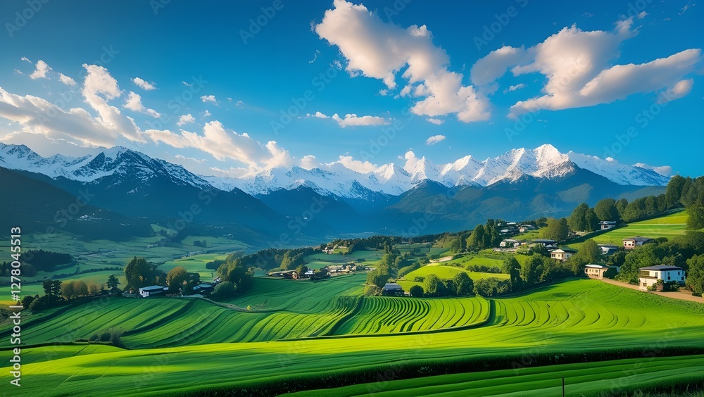 Fototapeta premium Serene Mountain Valley Landscape with Lush Green Fields