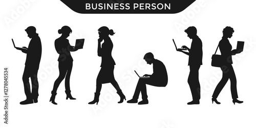 Vector illustration of business people silhouettes in various poses with laptops and documents